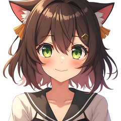 Cheerful Anime Girl with Cat Ears in School Uniform