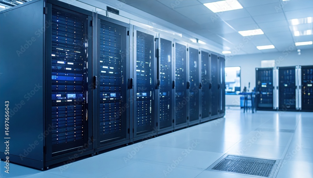 Poster row of server racks in a modern data center, illuminated with cool blue light. clean, technological 
