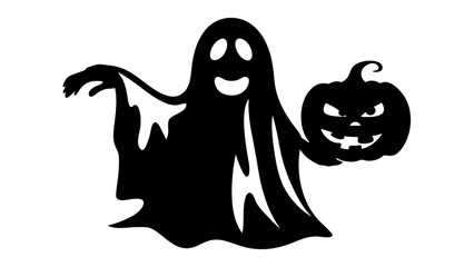 Silhouette of halloween ghost holding a jack-o-lantern pumpkin