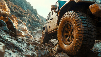Off-road tires gripping rugged terrain on an overland vehicle in a mountain setting