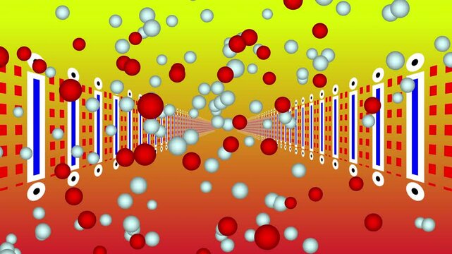 Red and white particle dots are randomly scattered in a warm gradient glowing space, creating a dynamic illusion like particle reactions in an energy room or a visual laboratory experiment. 3D animati