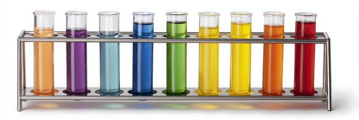 Colorful liquids in test tubes on a metal rack.