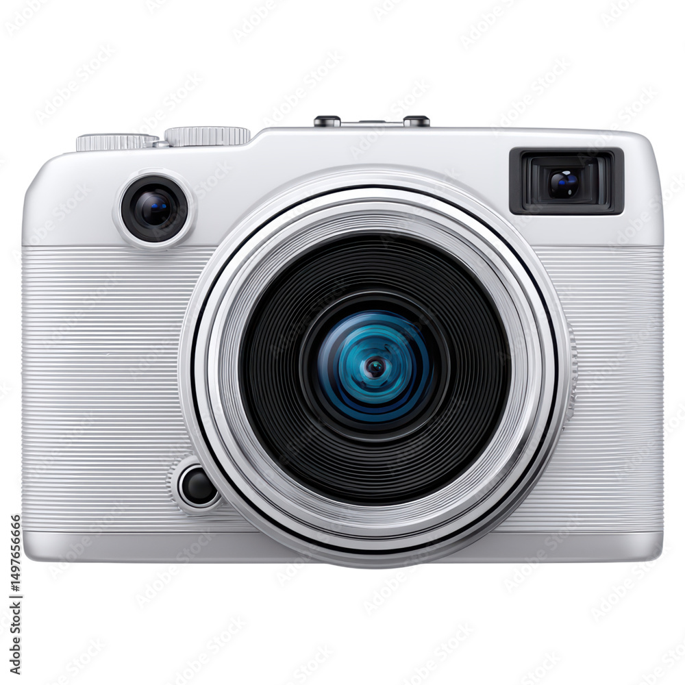 Poster modern sleek camera design with circular lens and unique texture surface, isolated on transparent ba