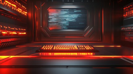 A futuristic data center room with keyboard and screen with red glow.