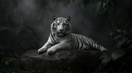 Majestic white tiger resting on a rock in a dark, mysterious jungle setting.