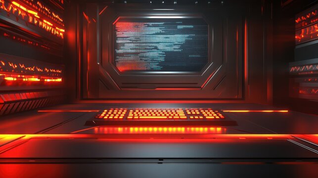 A futuristic data center room with keyboard and screen with red glow.