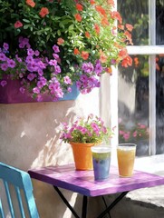 Small table with two glasses of orange juice on it in front of a window. the table is painted in a light purple color and has a blue chair next to it.