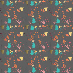 Colorful Hand-Drawn Floral Seamless Pattern on Dark Background