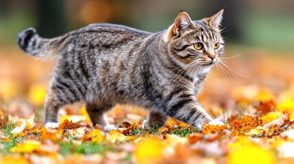 Tabby cat walking through autumn leaves.