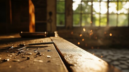 Close-up of a wooden table in a workshop. the table is made of light-colored wood and has a few pieces of wood shavings scattered on it. on the left side of the table, there is a hammer and a chisel.