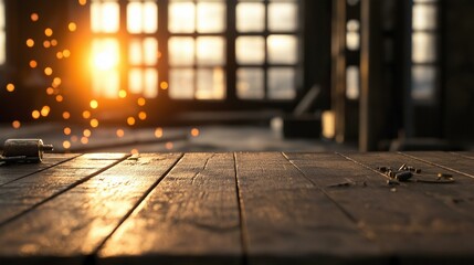 Close-up of a wooden table with a small metal object on it. the table appears to be old and weathered, with visible cracks and chips in the wood.