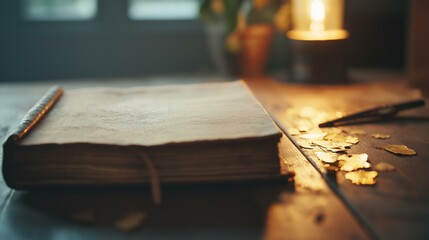 Open book on a wooden table with a pen resting on top of it. the book appears to be old and worn, with a blank page.