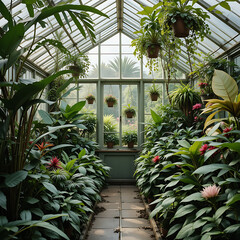 A garden glasshouse with growing plants and blooming flowers, a beautiful spring agriculture conservatory