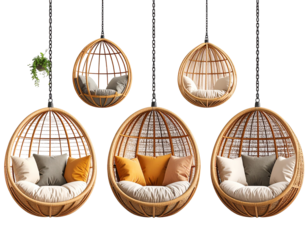 Five hanging wicker egg chairs with cushions, varying sizes and textile colors