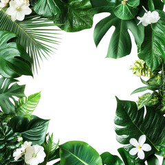 Naklejka premium Lush Tropical Leaves and White Flowers Frame a Dark Background