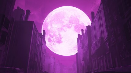 Purple city nightscape with a large moon, evoking a mysterious, surreal feeling.