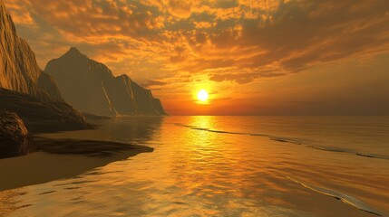Beautiful golden sunset over the ocean with mountains along the coastline.