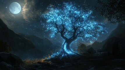 A glowing blue tree stands under a full moon in a fantastical landscape.