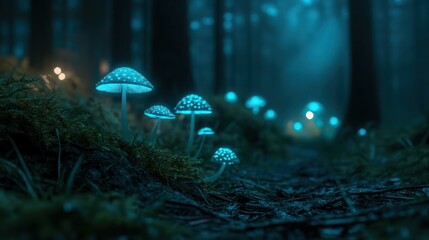 Glowing mushrooms illuminate a path in a dark, mystical forest at night.