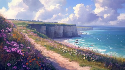 A serene coastal landscape with cliffs, flowers, and a path by the sea.