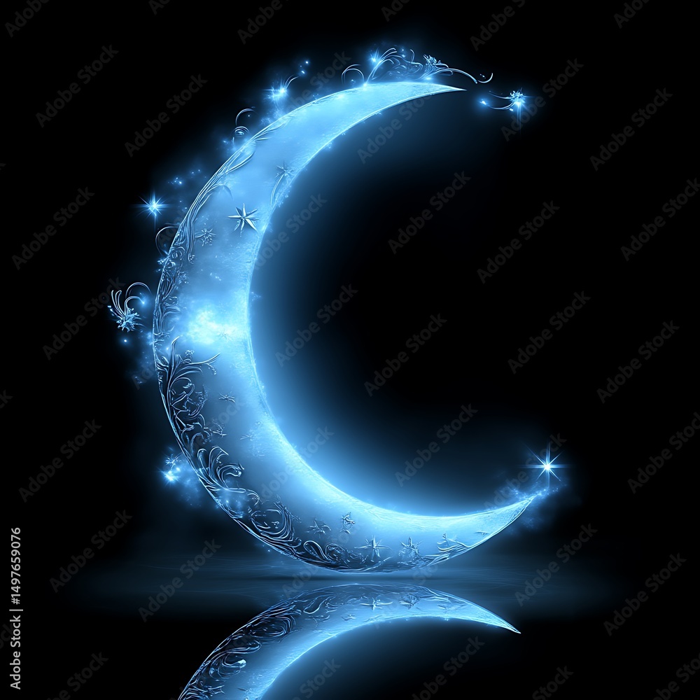 Poster glowing crescent moon with intricate detailing and sparkling lights, reflected on dark surface