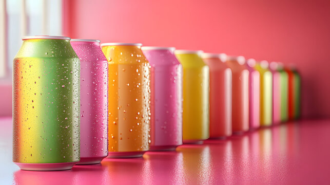 Row of colorful soda cans are lined up on a pink surface. The cans are of various colors, including green, yellow, and pink. The arrangement of the cans creates a visually appealing display