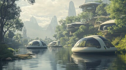 A futuristic serene landscape with floating homes on a river, amidst trees.