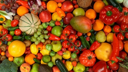 Different Types of Fresh Fruit and Vegetables on a Pile , Close-up