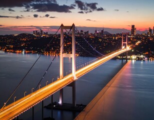 Firefly modern suspension bridge illuminated against twilight Generative AI