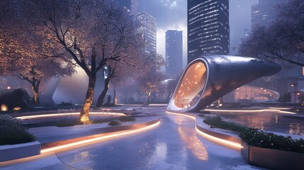 Futuristic urban park at night with sleek architecture and glowing pathways.