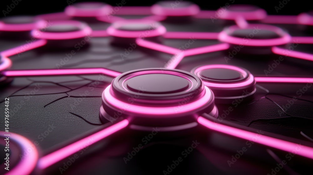 Poster futuristic network of glowing pink nodes connected on a dark surface, symbolizing digital connectivi