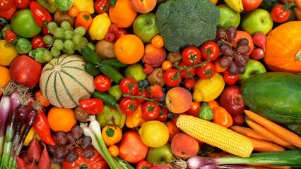 Different Types of Fresh Fruit and Vegetables on a Pile , Close-up