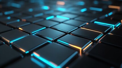 Abstract perspective view of black tiles with blue and orange neon lights.