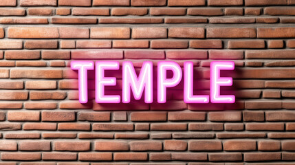 Bright pink neon sign spelling "TEMPLE" mounted on a red brick wall.