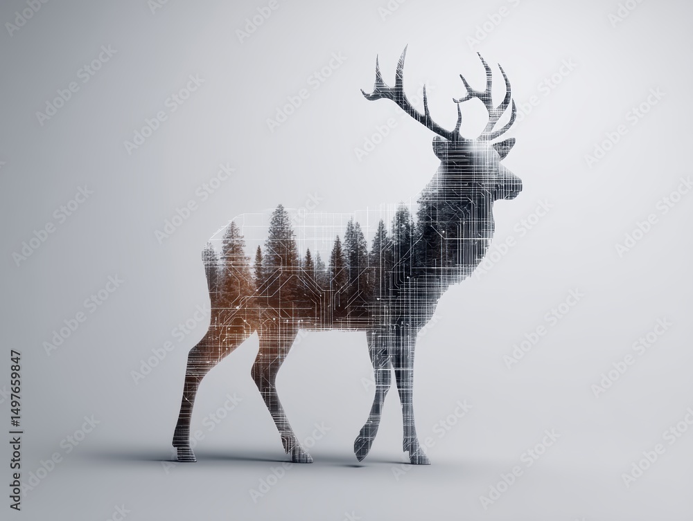 Poster a double exposure image of a deer silhouette with a forest and geometric lines inside on a light bac