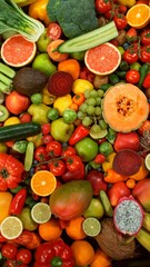 Different Types of Fresh Fruit and Vegetables on a Pile , Close-up