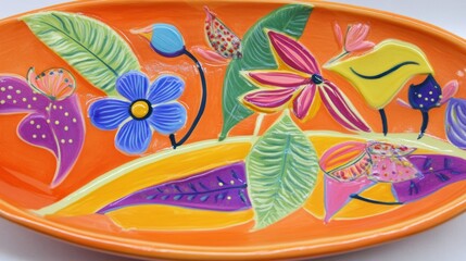 A hand-painted ceramic plate with bright floral design on an orange surface