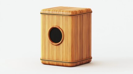 A wooden cajon drum sits on a white background, ready for a musical performance.
