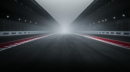 Empty race track tunnel in fog