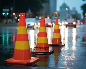 Orange and yellow traffic cones on a wet city street at night.