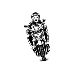 cool matic motorcyclist speeding in front view black and white vector line art