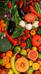 Different Types of Fresh Fruit and Vegetables on a Pile , Close-up