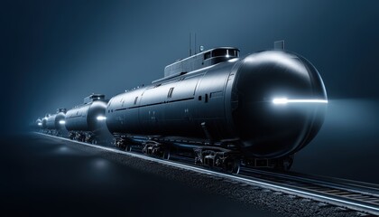 Naklejka premium A futuristic train with submarine-shaped cars travels on railway tracks through a dark, misty environment.