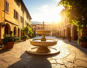 Sunlit plaza with marble fountain in Italian Renaissance town Generative AI