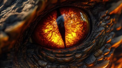 Close-up of a fiery dragon eye with detailed scales; intense and intimidating.