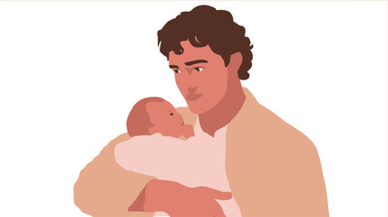 A digital illustration depicting a stylized portrait of a man holding a newborn baby. The style is minimalist vector art with a flat design aesthetic. The color palette consists of warm, muted.