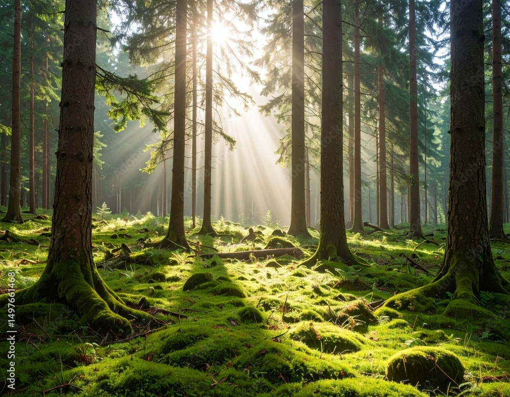 Aufkleber sunlit forest with tall pine trees and radiant light beams generative ai