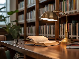 Open Book on a Library Desk, Illuminated by a Vintage Lamp