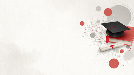 Graduation Cap, Diploma and Academic Book on Textured Paper with Red Ribbon, Minimal Vector Collage with Halftone Overlays and Soft Shadows for Editorial Design.