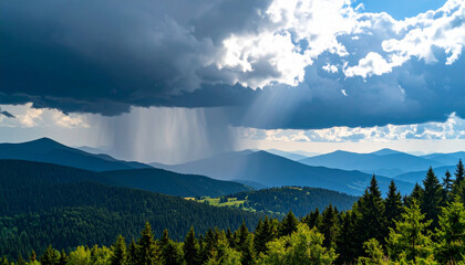 Dramatic landscape with dark storm clouds over a forested mountain range. Rainfall visible in the distance with sunrays breaking through the clouds, creating a powerful natural scene.